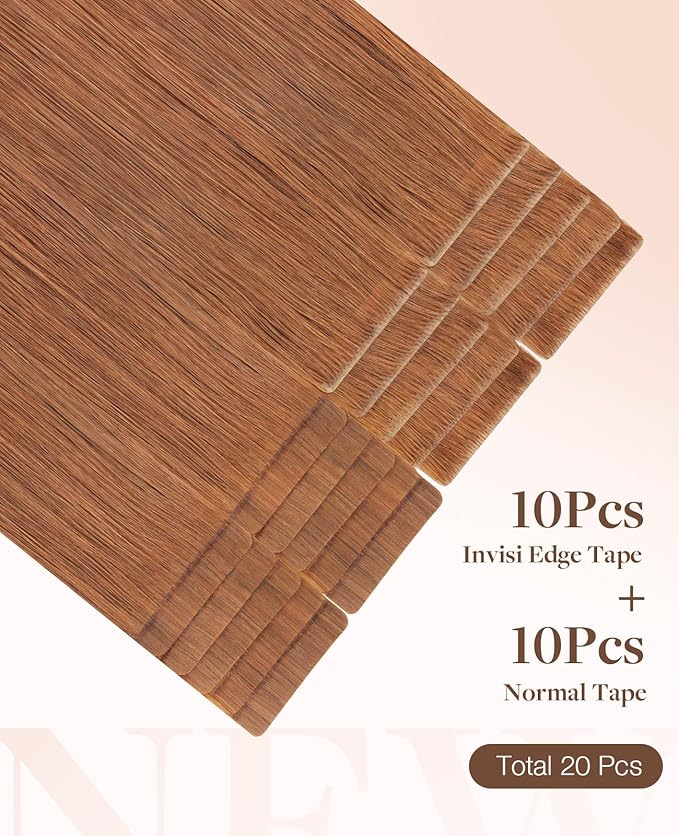 GOO GOO Invisi Edge Tape in Hair Extensions Human Hair, 330 Cinnamon Terra Copper 10pcs injected with 10pcs classical tape ins, 22inch 50g, Virgin Remy Hair, Natural Look