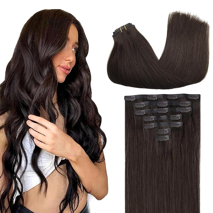 GOO GOO Clip in Hair Extensions Real Human Hair, Remy Human Hair Extensions Clip ins for Women, Natural Human Hair, 22inch 110g 7Pcs, 2A Light Brown