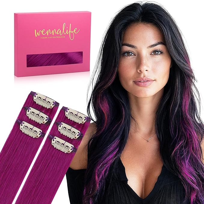 WENNALIFE Violet Clip in Hair Extensions Real Human Hair 35g 6pcs 20 Inch Colored Hair Extensions for Kids Women Colorful Hair Pieces Pop-up Style Straight Extensiones De Cabello Humano Con Clip
