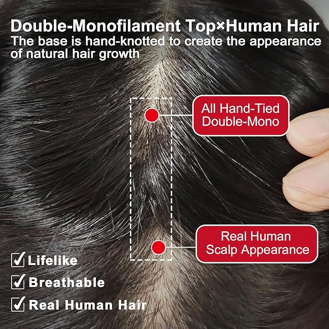 Real Human Hair Topper Pieces Double-Monofilament Top Hand-Tied Mid Length for WomenThinning Hair BHADS914 (BL Natural Black × Hair Length:9.8"(25cm), Base Size:3.5"×5.5"(9cm×14cm))