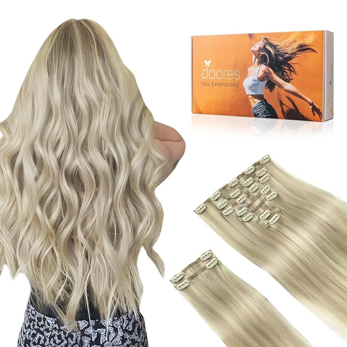 DOORES Hair Extensions Clip in Human Hair, Balayage Ash Blonde Highlighted Platinum Blonde 24 Inch 9pcs 150g, Hair Extensions Real Human Hair Natural Thick Remy Human Hair Extensions Silky Straight