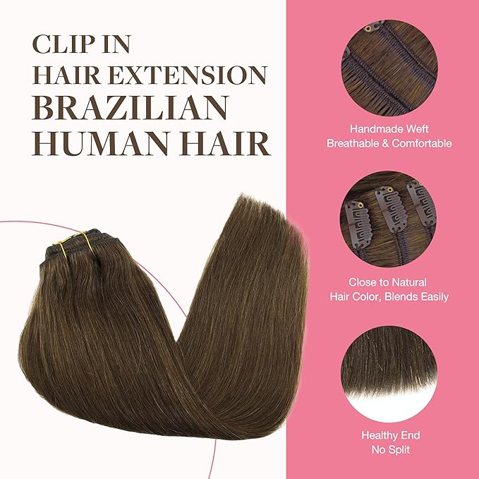 GOO GOO Clip in Hair Extensions Real Human Hair, Remy Human Hair Extensions Clip ins for Women, Natural Human Hair, 24inch 240g 9Pcs, #4A Chocolate Brown