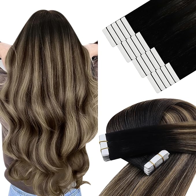 YoungSee Human Hair Tape in Extensions Black Balayage Tape in Hair Extensions Human Hair Black Ombre Brown with Caramel Blonde Tape-in Extension Ombre Hair Extension Tape-in 16 Inch 20pcs 50g