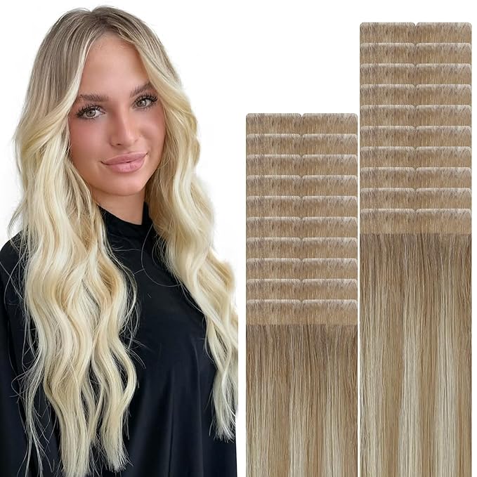 VINBAO Invisi Edge Tape in Hair Extensions 50g Balayage Ombre Brown to Platinum Blonde Injection Tape in Hair Extensions Real Human Hair 20pcs Natural Blend 18inch #8T60