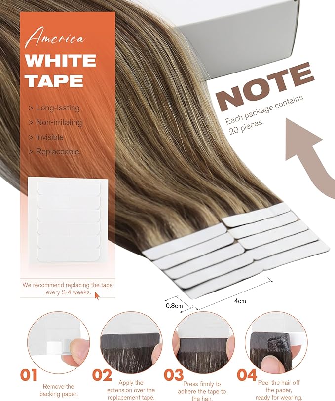 Sunny Hair Tape in Hair Extensions Real Human Hair Invisible Remy Hair Extensions Tape ins for Women Dark Brown Highlight Caramel Blonde 14 inch 20Pcs 50G