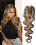 Highlight Yellow On Brown Color 2x6 HD Lace Closure Human Hair Body Wave Transparent Lace Closure 2x6 Long Middle Part 100% Raw Virgin Human Hair 20 Inch 150% Density