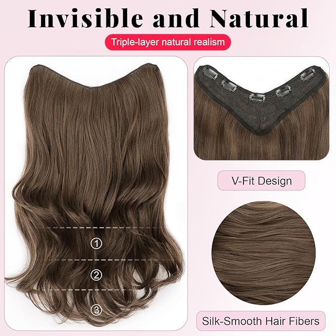 ALXNAN Long Wavy Hair Extensions for Women, Clip in Hair Extensions Clip Ins Soft Full Head Synthetic Hairpieces 20 Inch Medium Ash Brown
