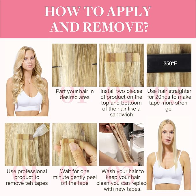 GOO GOO Tape in Hair Extensions Human Hair, 16/22 Light Blonde Highlighted Golden Blonde, 14inch 50g 20pcs, Skin Weft Seamless Invisible, Silky Straight with Thick Ends, Remy Human Hair