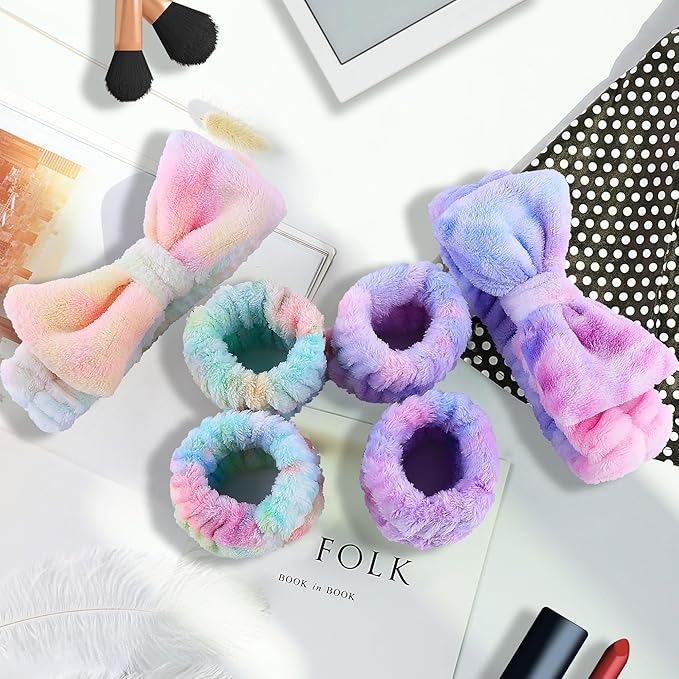 WSYUB Spa and Makeup Headband Set - Gorgeous Tie Dye Color Cosmetic Headband and Absorbent Wrist Towels for Skincare, Face Washing, and Makeup Application (6 pcs)
