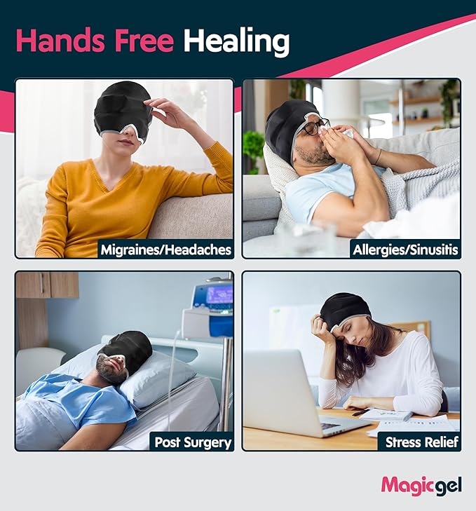 Magic Gel Migraine Ice Head Wrap | Real Migraine & Headache Relief | The Original Headache Cap | Cold, Comfortable, Dark & Cool; Endorsed by Physicians, Loved by Thousands - (Black)