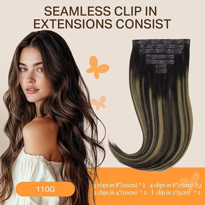 DOORES Real Human Hair Extensions, Natural Black & Mixed Chestnut Brown, 110g, 7pcs, 14 Inch, Seamless Clip In, Straight, Invisi Edge