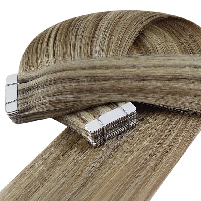YoungSee Human Hair Tape in Extensions Highlights 20 Inch Tape Hair Extensions Real Human Hair Brown to Blonde Seamless Tape-in Natural Hair Extension Straight 20pcs 50g
