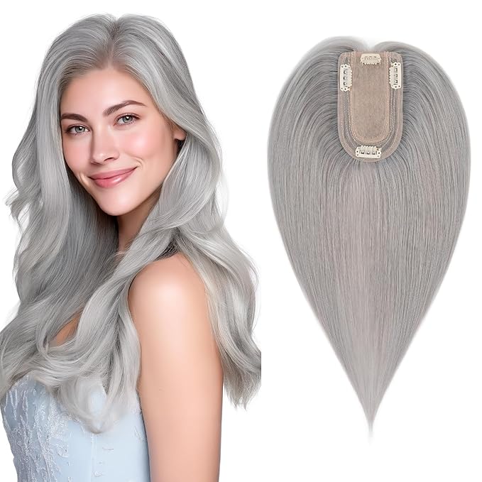 SEGO Hair Topper for Women, No Bangs Real Human Hair Topper with Anti-Slip Clips (14 Inches #Grey)