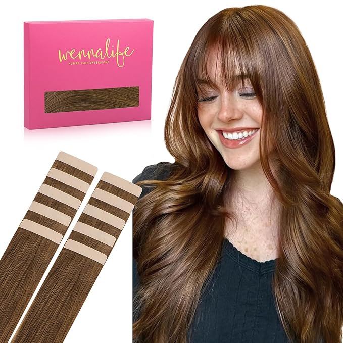 WENNALIFE Tape in Hair Extensions - Human Hair, Light Auburn Brown, 10pcs 25g, 18 inch Remy, Invisible Tape, Straight, Colored, Soft Real Human Hair Refill Set