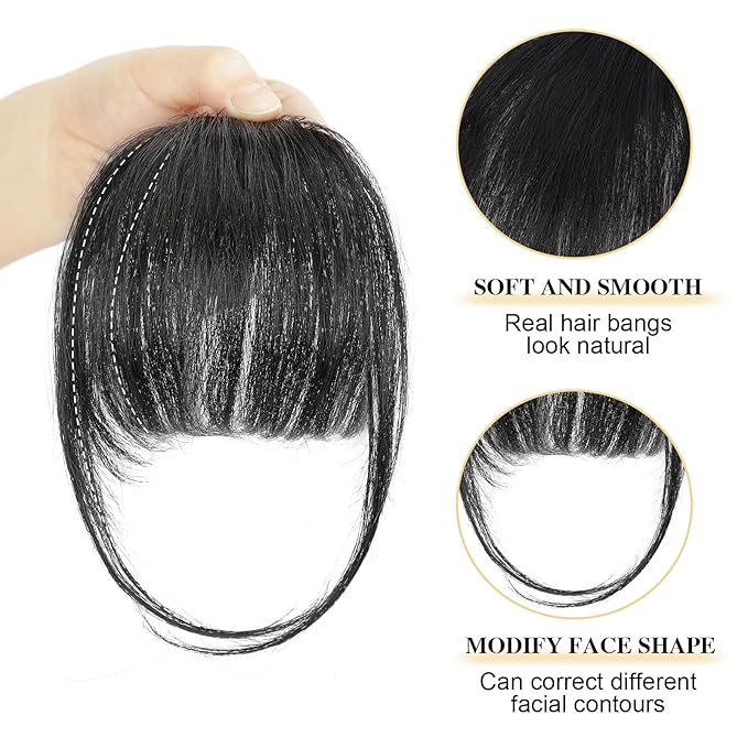 BOGSEA Clip in Bangs Real Human Hair Bangs Hair Clip with Temples Hairpieces for Women Natural Looking Fringe Hair Extension for Daily Wear(Wispy Bangs, Black Bangs)