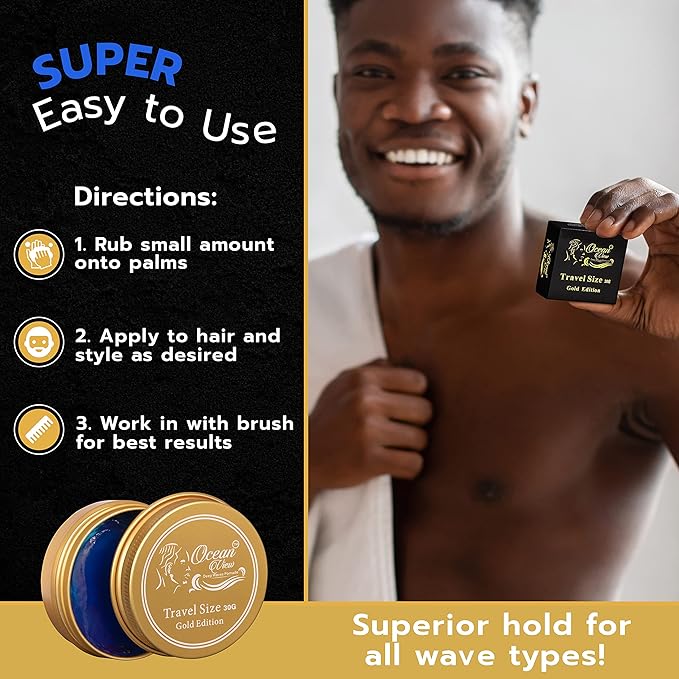 OCEAN VIEW DEEP WAVES POMADE, Gold Edition 360 Wave Grease for Men Moisturizes, Controls and Styles Black Hair – Water Based Wave Builder Pomade for Men Tames Your Crown During Wolfing (30 grams)