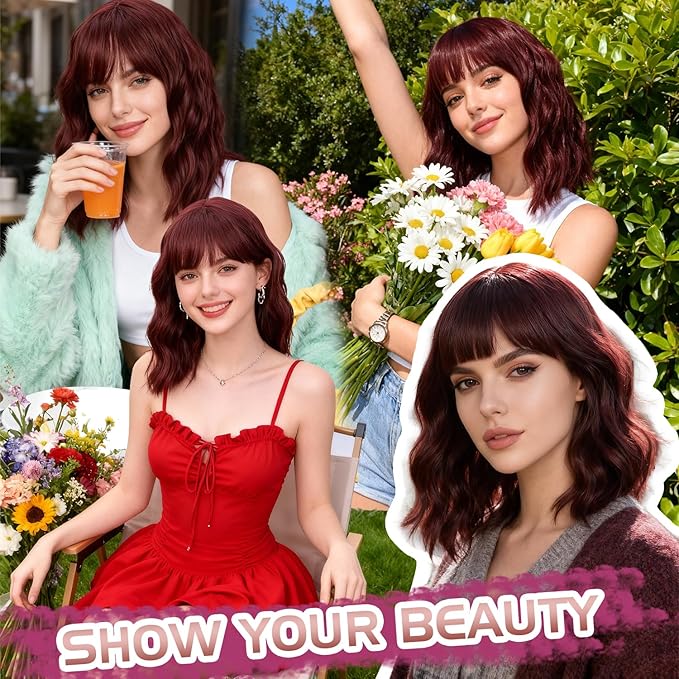 Wine Red Wig With Bangs Wave Bob Wigs for Women 14 Inch Short Loose Wavy Heat Resistant Synthetic Wig Shoulder Length Hair for Daily and Cospaly Party Use
