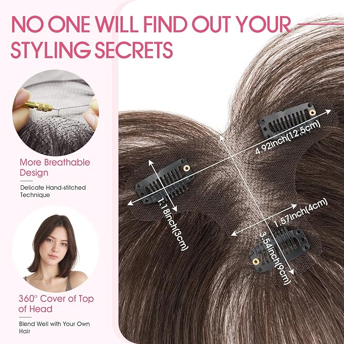 Hairro Human Hair Toppers with Side Bangs, 3D 360° Seamless Real Hair Toppers, Hand-Tied with 3.5"x4.7" T-shaped Base, Clip-In Hairpieces to Add Volume on Top, 11 Inch Dark Brown