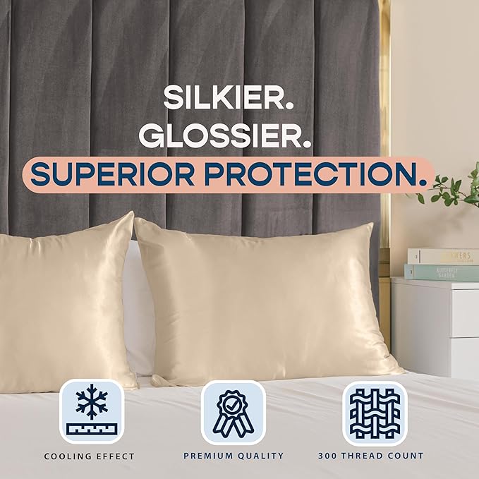 BLISSFORD Satin Pillowcase with Zipper, for Hair and Skin Care, Feels Soft and Cool Like a Silk Pillowcase, Satin Pillow Cases 2 Pack, Slik Pillow Cover, Light Beige - Standard Size, Set of 2