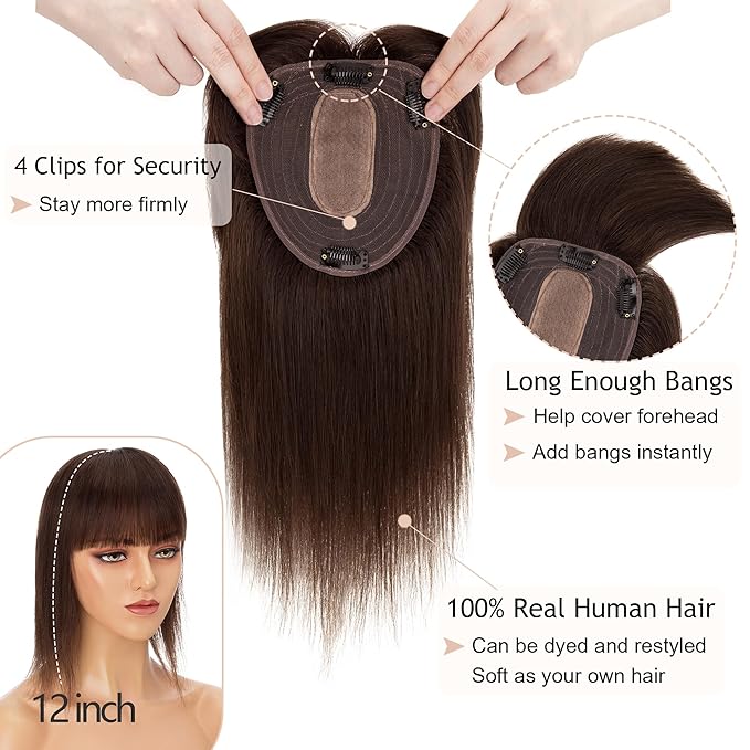 Hair Toppers for Women Real Human Hair With Bangs, 13 * 15 cm Larger Silk Base 150% Density Clip In Topper Hairpieces, Wiglet Top Pieces Add Volume /10 Inch 02 Dark Brown