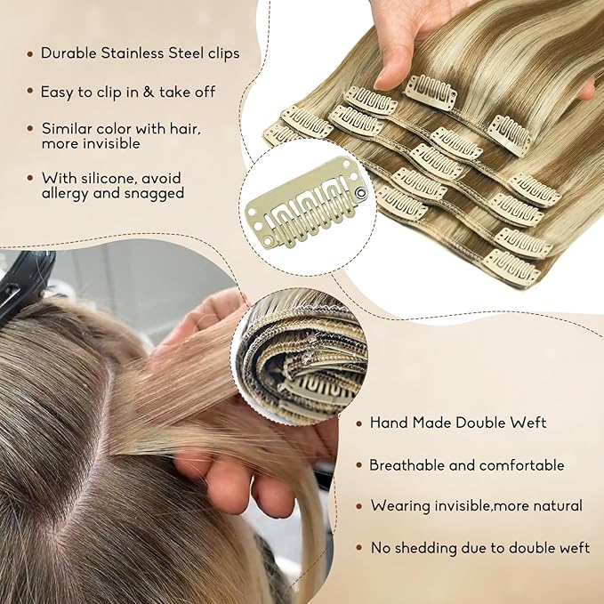 Clip in Hair Extensions Real Human Hair 14Inch 8pcs 75g Seamless Balayage Blonde Hair Extensions Clip Ins Double Weft Light Blonde Highlight Golden Blonde Invisible Straight Remy Human Hair for Women