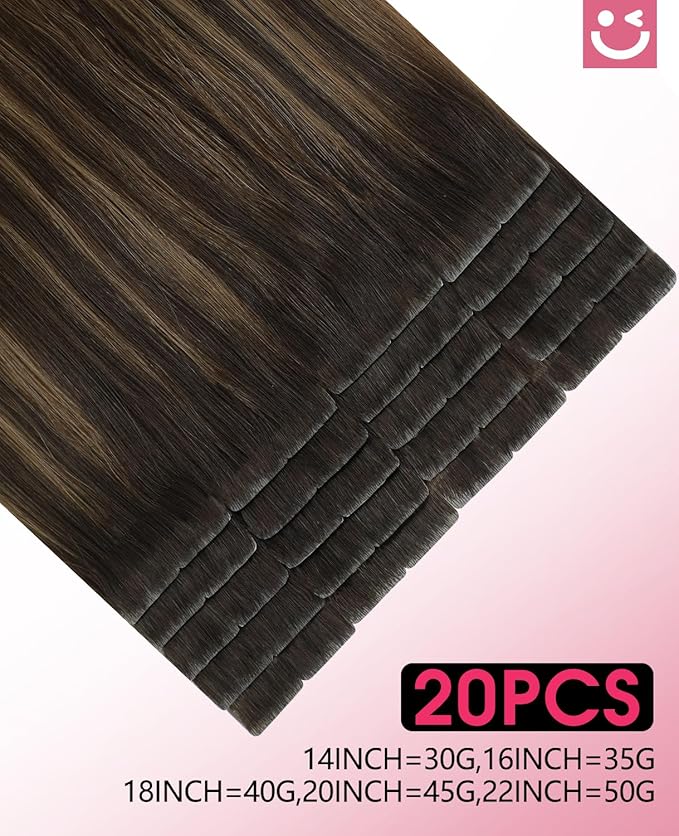 Youngsmile Invisible Tape in Hair Extensions Human Hair #2/6/18 Dark Brown to Dirty Blonde 20pcs 30g 14 Inch Injection Tape in Hair Extensions Human Hair (#2/6/18,14'')