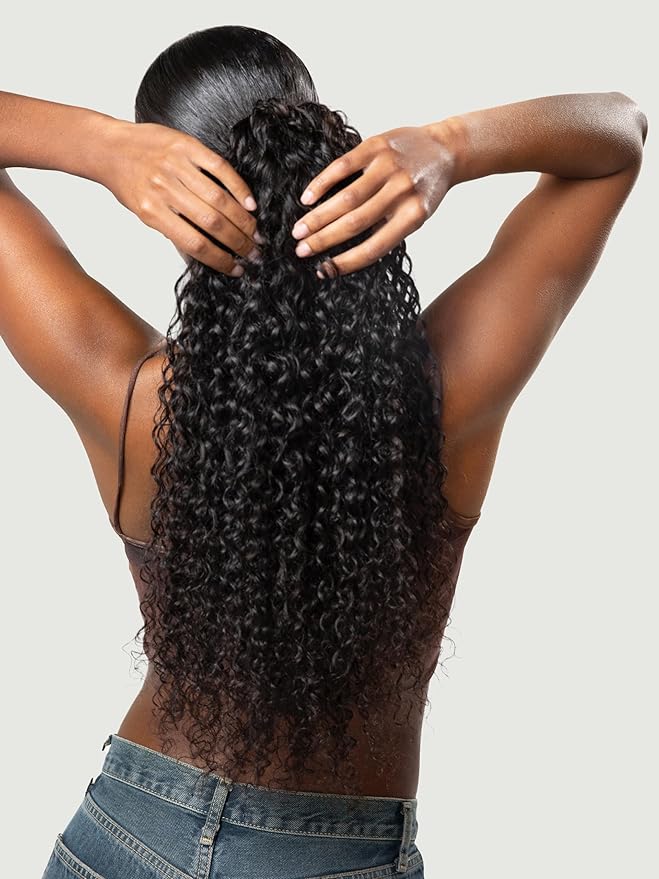 Frodio Clip in Ponytail Extension Human Hair for women 22 Inches Long Water Wave Curly Extension Ponytail Natural Color