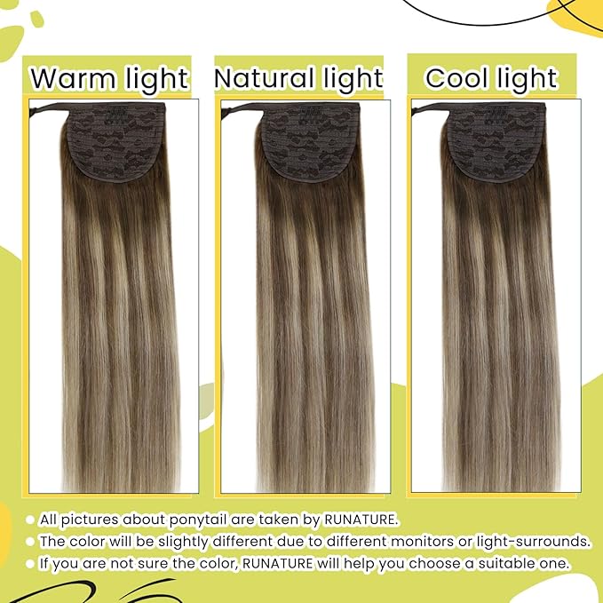 RUNATURE Ponytail Extension Human Hair Balayage Blonde Short Ponytail Human Hair Extensions Clips 12 Inch 70g Ombre Walunt Brown Fading to Ash Brown with Light Blonde Pony Tail Hair Extension Short
