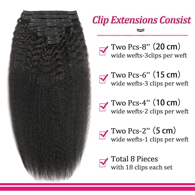 Clip in Hair Extensions Real Human Hair 20 Inch 8Pcs 120g Kinky Straight Clip Ins Full Head Brazilian Remy Hair Extensions for Women Natural Black Double Weft Clip In