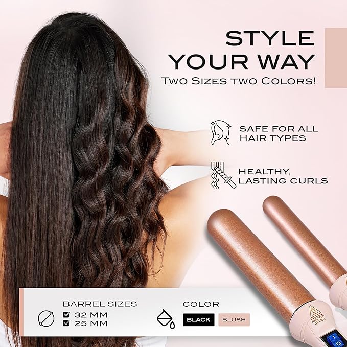 NuMe Classic Ceramic Curling Wand - Tourmaline 1.25 Inch Barrel Hair Curler, Negative Ion Conditioning, Far Infrared Heat - All Hair Types - Blush
