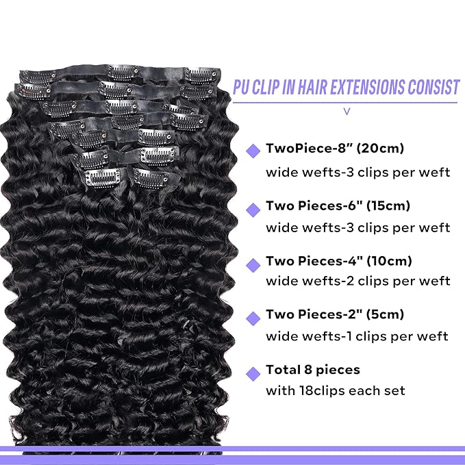 Seamless Clip in Hair Extensions Real Human Hair Deep Wave Brazilian Virgin Human Hair Clip in Extensions for Women 8Pcs PU Remy Hair Skin Weft with 18Clips 120g 24inch Natural Black