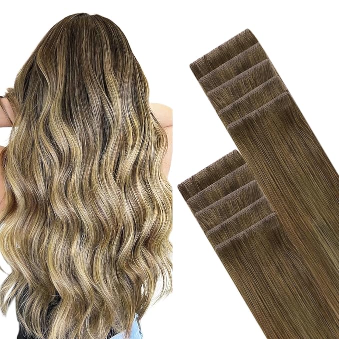 GOO GOO Invisi Edge Tape in Hair Extensions Human Hair, 3/8/613 Balayage Walnut Brown to Ash Brown and Bleach Blonde, 10pcs 16inch 25g, Virgin Remy Hair, Seamless Injected Tape, Natural Look