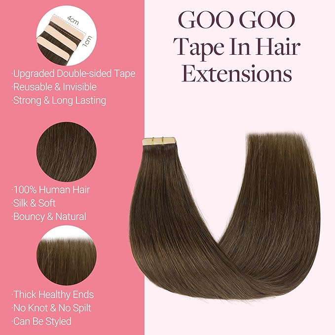GOO GOO Tape in Hair Extensions Human Hair, #4H Light Chocolate Brown, 24inch 50g 20pcs, Skin Weft Seamless Invisible, Silky Straight with Thick Ends, Remy Human Hair
