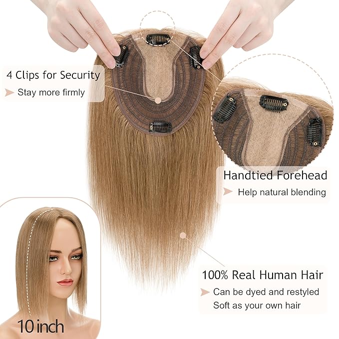 Hair Toppers for Women Real Human Hair No Bangs, 13 * 15 cm Larger Silk Base 150% Density Clip In Topper Hairpieces, Wiglet Top Pieces Add Volume -12 Inch 06 Light Brown