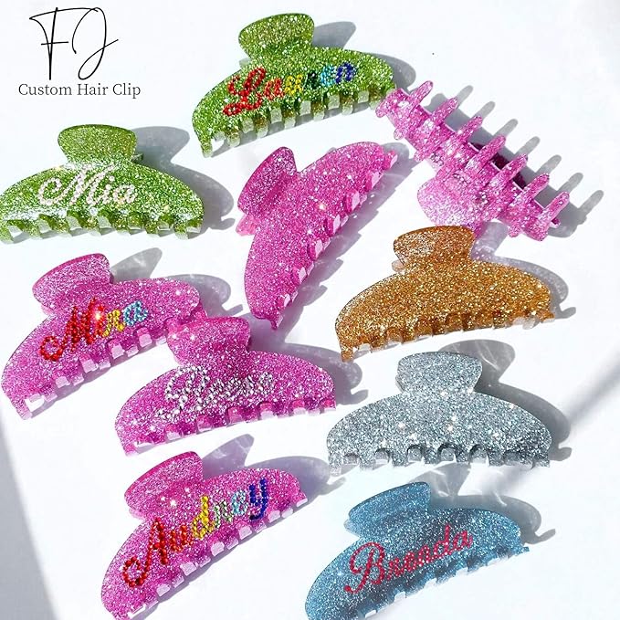 Personalized Colorful Name Hair Claw Clips for Women,Custom Hair Clips with Diamond,Cute Hair Accessories 4",Handmade Rhinestones Hair Clamp Gifts for Mom,Bride,Wife,Bridesmaid（Rose Red Glitter）