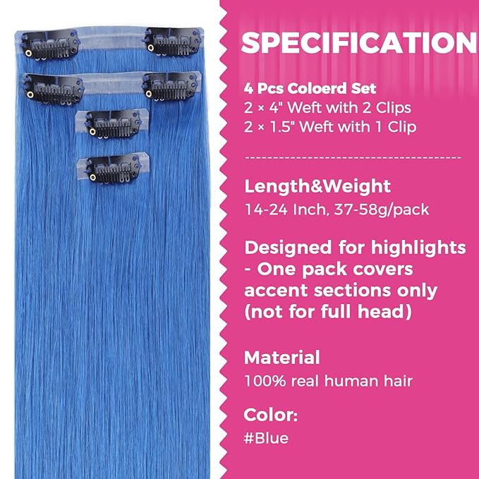 Lashey Seamless Clip in Hair Extensions Human Hair 58g 4pcs Blue Clip in Hair Extensions Real Human Hair with Invisi Edge 24 Inch Long Straight