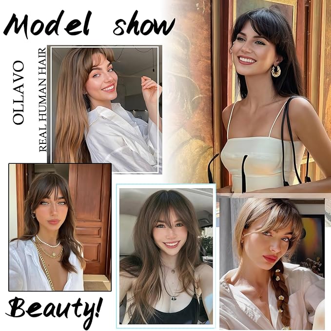 Hair Toppers for Women Real Human Hair, 360°3D Bangs Clip Human Toppers for Women with Thinning hair Realistic Scalp Line (Black, 3D French Bangs(11 * 7)) (Light Brown, 14 Inch Wispy Bangs)