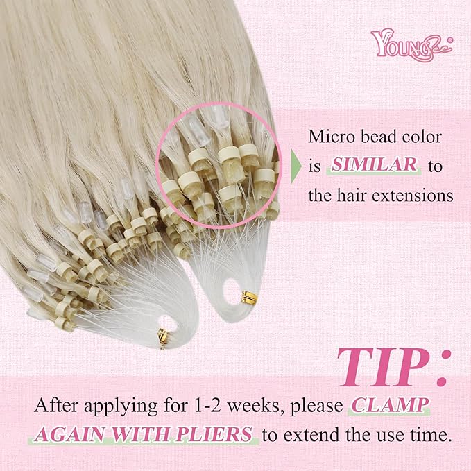 YoungSee Micro Bead Hair Extensions Blonde 14In Microlink Hair Extensions Human Hair Platinum Blonde 50g 50s Micro Ring Hair Extension Blond Beaded Hair Extension Silky Straight for Short Hair