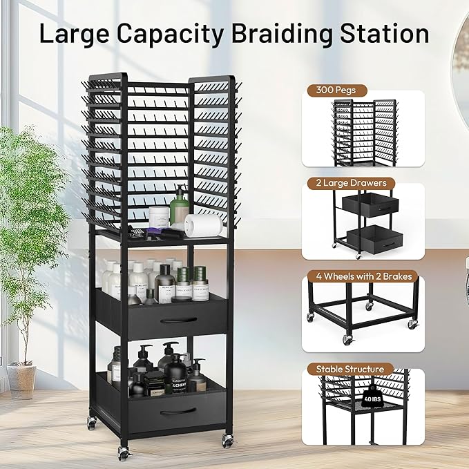 300 Pegs Braiding Rack with Large Drawers, 3-Sided Hair Rack with Wheels and 16 Braiding Tools, Hair Extension Holder 52 Inch Height for Hair Salon, Home