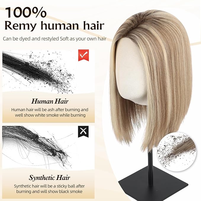 MONO TOP Hair Toppers for Women Human Hair 12 Inch 7"×8" Big Base Partial wig Cover Thinning Hair or Loss No Bangs Top Hair Pieces Natural Wiglets (Gray Blonde with Platinum Highlights)