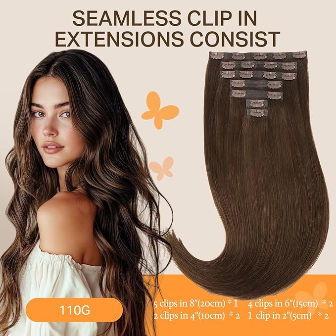 DOORES Chocolate Brown Clip in Hair Extensions, 16 Inch 110g 7pcs, Seamless Remy Human Hair Straight Invisi Edge Extensions