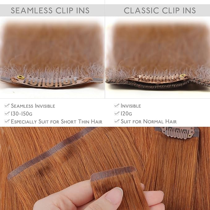 WENNALIFE Seamless Clip In Hair Extensions Human Hair, 16 Inch 130g 7pcs Dirty Ginger Real Hair Extensions Clip in Human Hair Invisible PU Skin Weft Natural Remy Human Hair Extensions