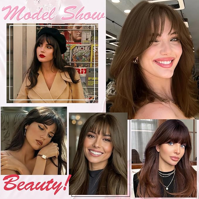 Hair Toppers for Women Real Human Hair Clip in Bangs 360° Cover Remy Human Hair Topper with Bangs for Thinning Realistic Scalp Upgrade Swiss Lace Base Hairpieces Cover Gray Hairy Roots Medium Brown