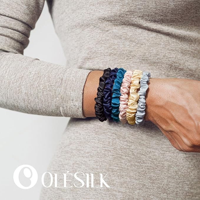 OLESILK Silk Hair Ties for Women: 100% Mulberry Skinny Silk Scrunchies, Soft Smooth No Damage No Crease for Thin Fine Curly Hair 3 Pack, Black