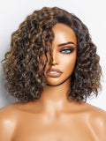 LUVME HAIR 10" Curly Glueless Wigs Human Hair Pre Plucked Pre Cut, Undetectable HD Lace Curly Bob Wig Human Hair Short Black Wig with Blonde Highlights Ready to Go Wig 180 Density