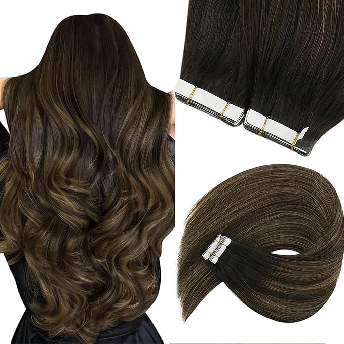 Sunny Hair Tape in Hair Extensions Human Hair 20 Inch Hair Extensions Real Human Hair Tape in Extensions for Women Darkest Brown Ombre Medium Brown Balayage Remy Hair Straight Skin Weft 40pcs 100g