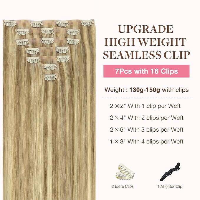 GOO GOO Clip in Hair Extensions Real Human Hair, Remy Human Hair Extensions Clip ins for Women, Natural Human Hair, 20inch 150g 7Pcs, 16/22 Light Blonde Highlighted Golden Blonde