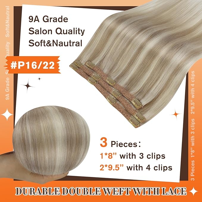 Full Shine Clip in Extensions for Women Lace Weft Golden Blond Highlighted Blonde Human Hair Clip in Extensions Straight Hair Clip ins Longevity 14 Inch 3 PCS 60 Grams