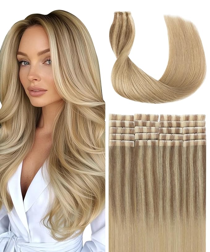 SURNEL Injected Invisiable Tape in Hair Extensions 18 Inch Golden Brown to Caramel Blonde Real Hair Extension Seamless Invisible Tape in Extensions 20Pcs 40g(#102727,18)