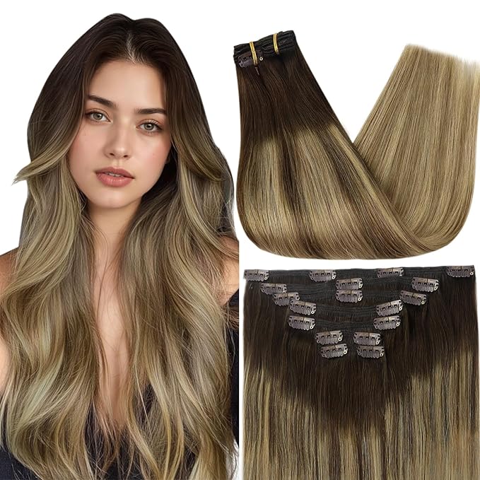 Full Shine Balayage Hair Extensions Clip in 20 Inch Dark Brown Ombre Ash Brown Mix Honey Blonde Balayage Remy Hair Extensions Clip in Human Hair 120 G 7 Pcs